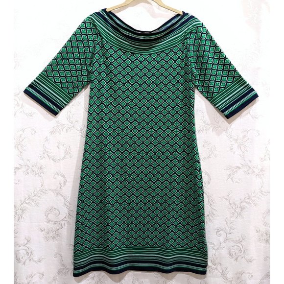 Boat Neck Clover Medallion Print Striped Dress M Elbow Sleeves Stretch Mod Green - Picture 1 of 6